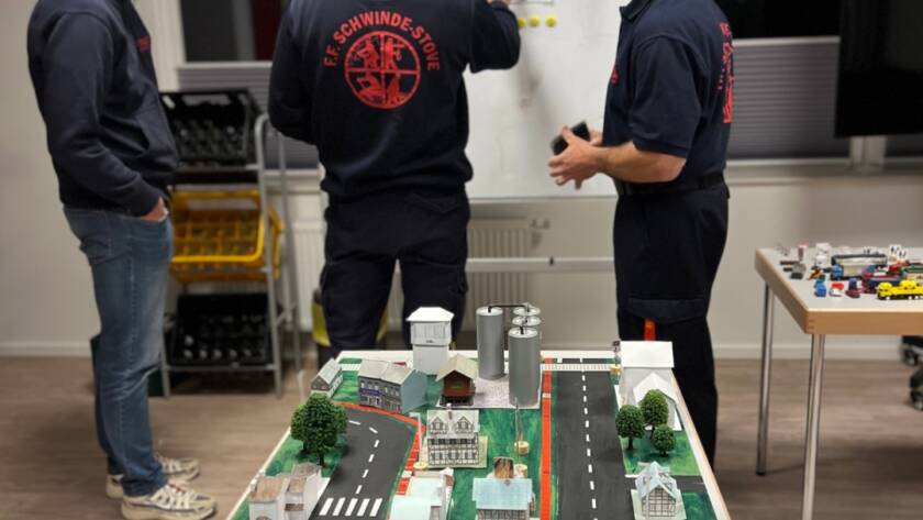 Planspiel und eine Tafel an der die Lage besprochen wird