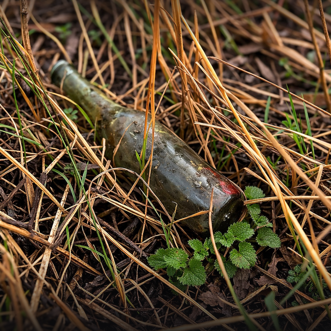 Eine leere Glasflasche auf einer Wiese