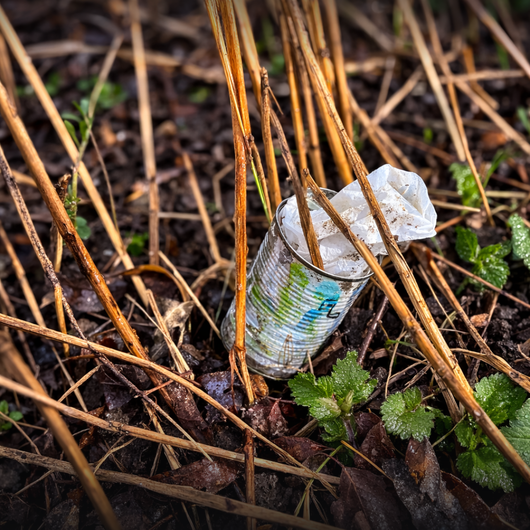 Eine leere Dose auf einer Wiese