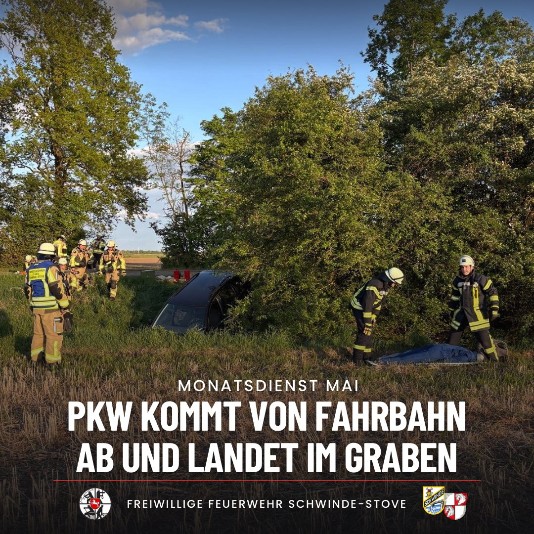 Feuerwehrleute um einen PKW im Graben